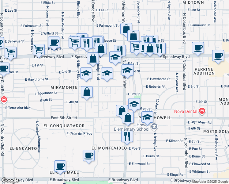 map of restaurants, bars, coffee shops, grocery stores, and more near 3820 East 3rd Street in Tucson