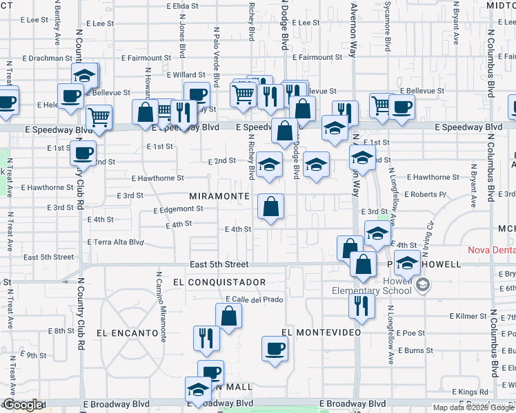 map of restaurants, bars, coffee shops, grocery stores, and more near 806 North Richey Boulevard in Tucson