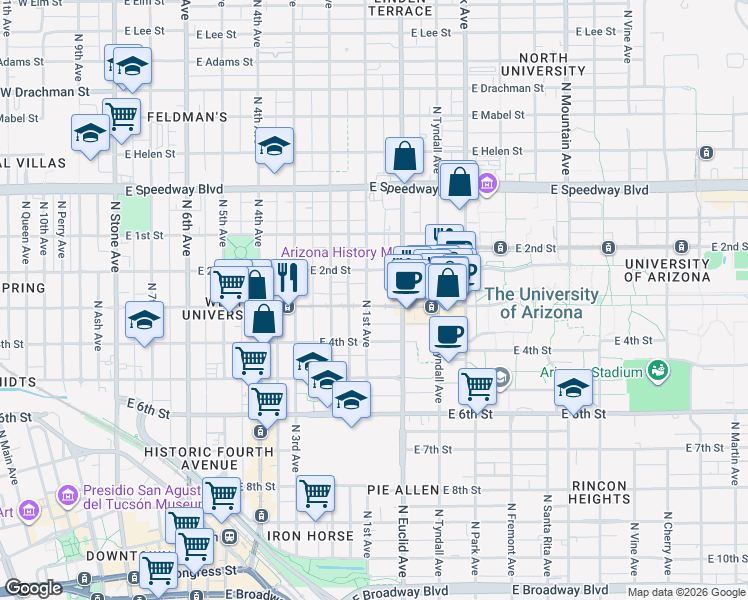map of restaurants, bars, coffee shops, grocery stores, and more near 703 East University Boulevard in Tucson