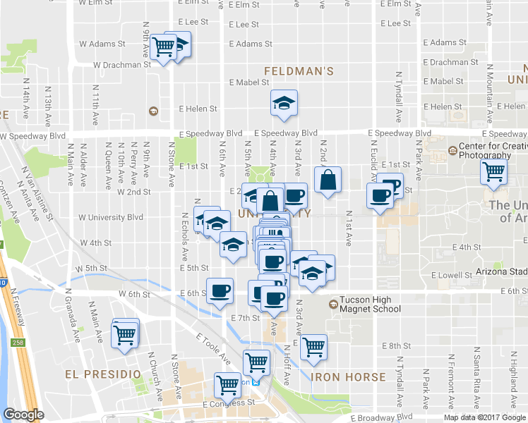 map of restaurants, bars, coffee shops, grocery stores, and more near 329 East University Boulevard in Tucson