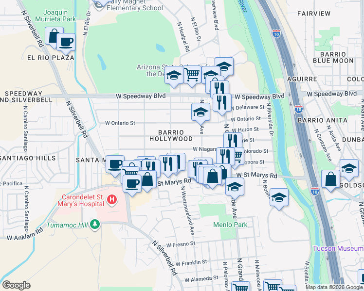 map of restaurants, bars, coffee shops, grocery stores, and more near 1322 West Niagara Street in Tucson