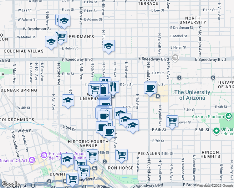 map of restaurants, bars, coffee shops, grocery stores, and more near 503 East University Boulevard in Tucson