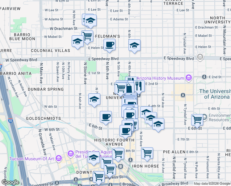 map of restaurants, bars, coffee shops, grocery stores, and more near 243 East University Boulevard in Tucson