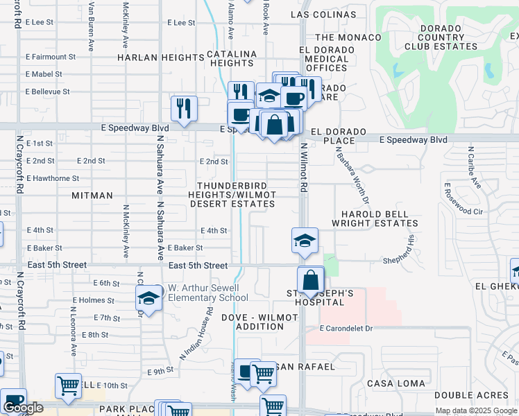 map of restaurants, bars, coffee shops, grocery stores, and more near 6165 East 3rd Street in Tucson
