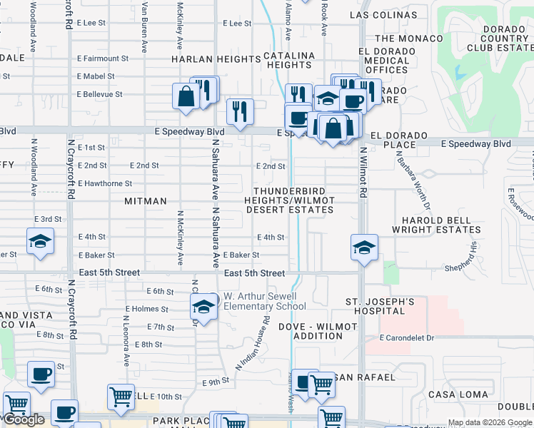 map of restaurants, bars, coffee shops, grocery stores, and more near 6030 East Rosewood Street in Tucson