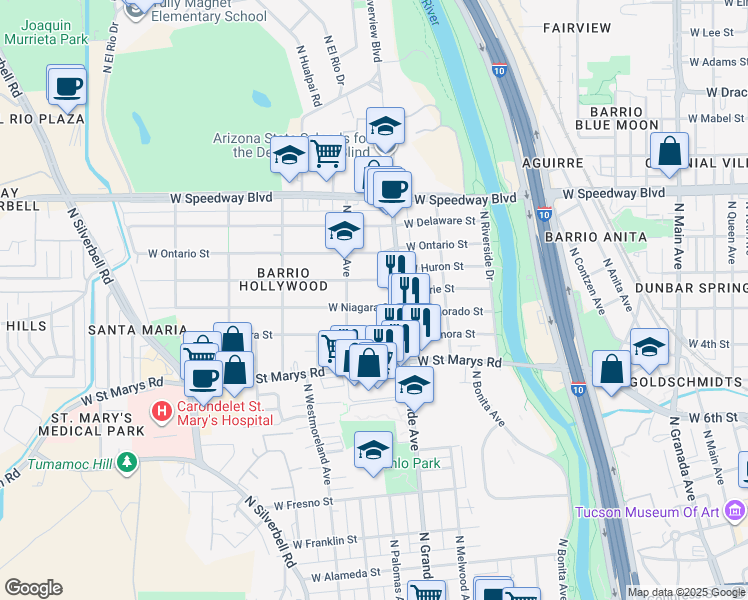 map of restaurants, bars, coffee shops, grocery stores, and more near 1212 West Niagara Street in Tucson
