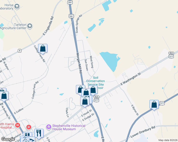 map of restaurants, bars, coffee shops, grocery stores, and more near 825 Sundance Road in Stephenville