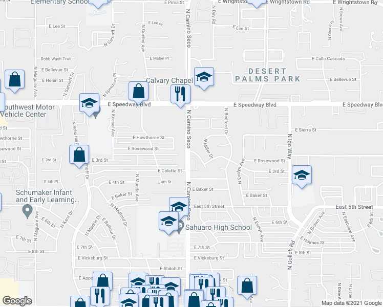 map of restaurants, bars, coffee shops, grocery stores, and more near 830 North Crescent Lane in Tucson