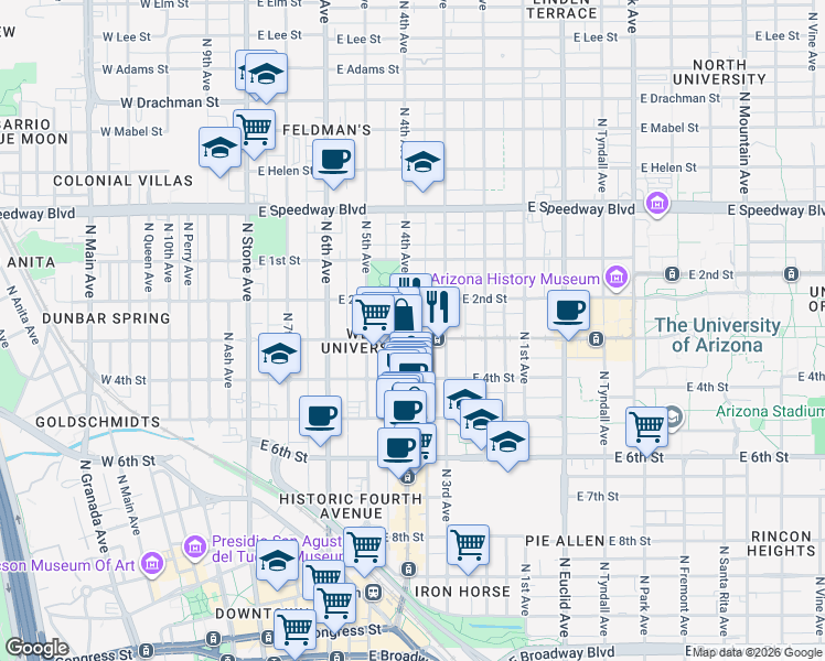 map of restaurants, bars, coffee shops, grocery stores, and more near 802 North 4th Avenue in Tucson