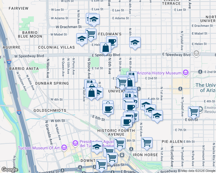 map of restaurants, bars, coffee shops, grocery stores, and more near 205 East University Boulevard in Tucson