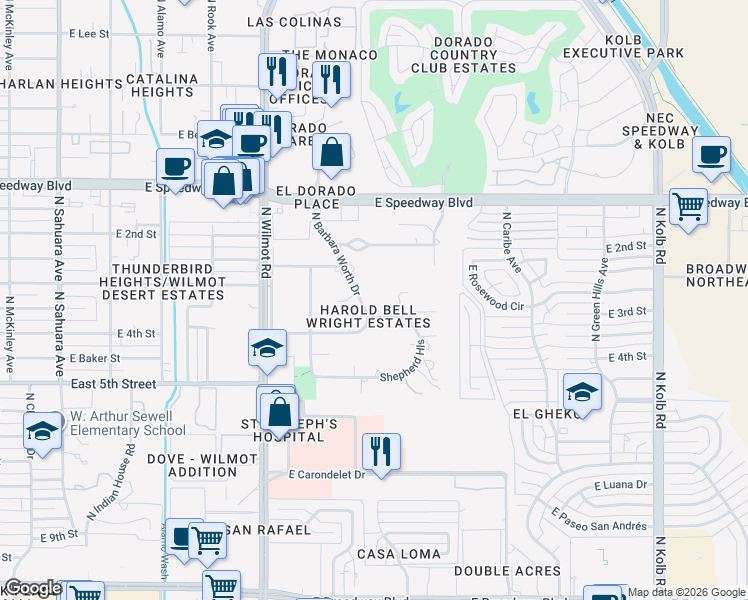 map of restaurants, bars, coffee shops, grocery stores, and more near 820 North Shepherd Hills in Tucson
