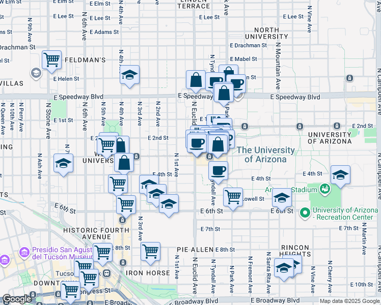map of restaurants, bars, coffee shops, grocery stores, and more near 811 North Euclid Avenue in Tucson
