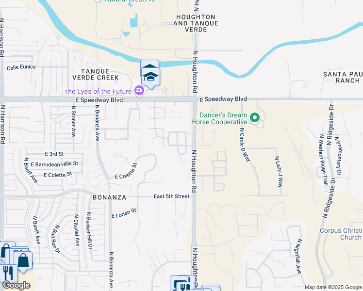 map of restaurants, bars, coffee shops, grocery stores, and more near Packard Street in Tucson