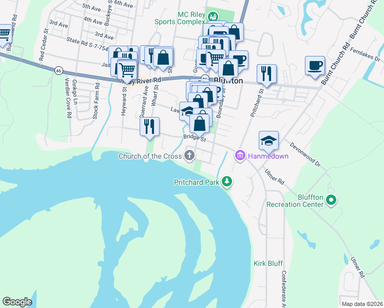map of restaurants, bars, coffee shops, grocery stores, and more near 94 Calhoun Street in Bluffton