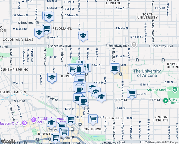 map of restaurants, bars, coffee shops, grocery stores, and more near 503 East University Boulevard in Tucson