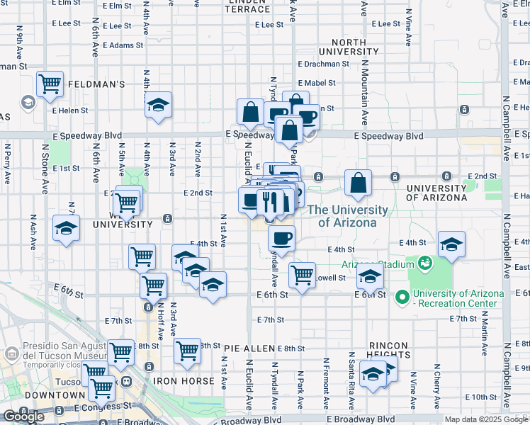 map of restaurants, bars, coffee shops, grocery stores, and more near 865 East University Boulevard in Tucson