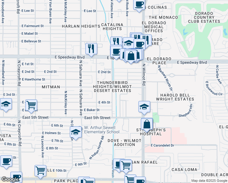 map of restaurants, bars, coffee shops, grocery stores, and more near 820 North Alamo Avenue in Tucson