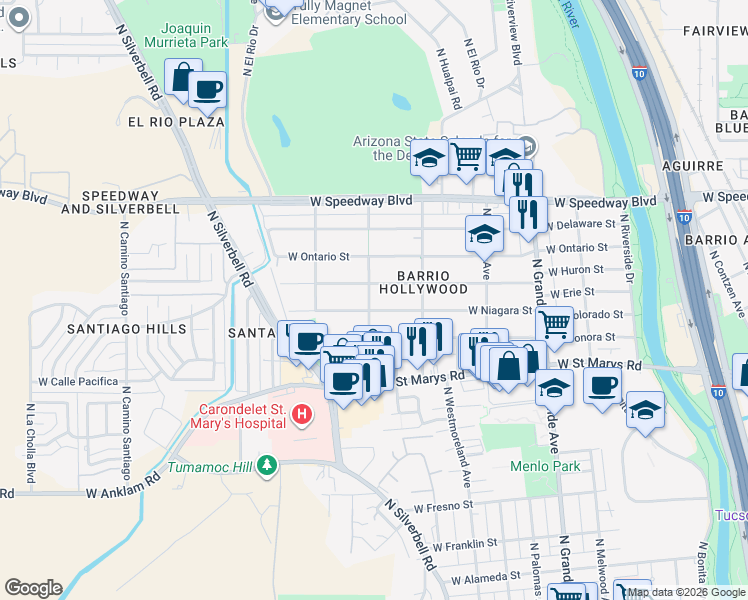 map of restaurants, bars, coffee shops, grocery stores, and more near 706 North Cherokee Avenue in Tucson