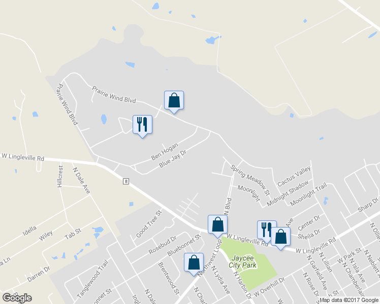 map of restaurants, bars, coffee shops, grocery stores, and more near 133 Blue Jay Street in Stephenville