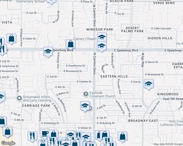 map of restaurants, bars, coffee shops, grocery stores, and more near 8630 East Rosewood Street in Tucson