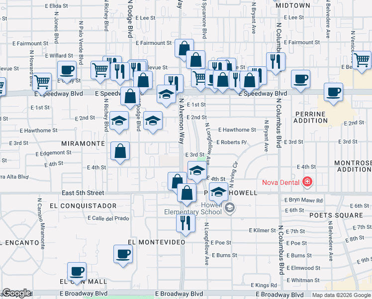 map of restaurants, bars, coffee shops, grocery stores, and more near 809 North Montezuma Avenue in Tucson