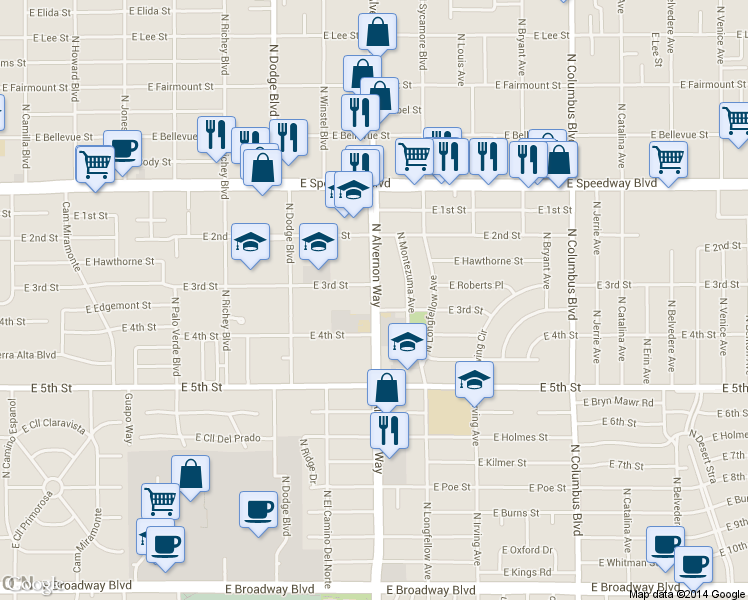 map of restaurants, bars, coffee shops, grocery stores, and more near 835 North Alvernon Way in Tucson