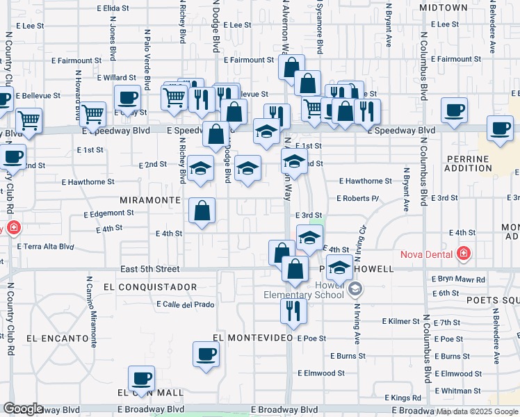 map of restaurants, bars, coffee shops, grocery stores, and more near 3820 East 3rd Street in Tucson