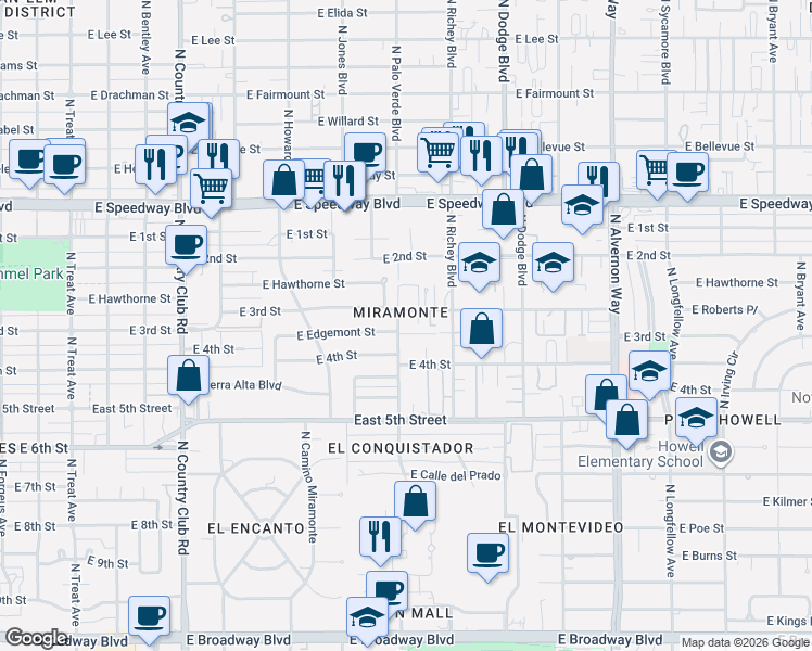 map of restaurants, bars, coffee shops, grocery stores, and more near in Tucson