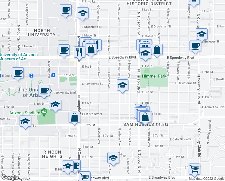map of restaurants, bars, coffee shops, grocery stores, and more near 2239 East 3rd Street in Tucson