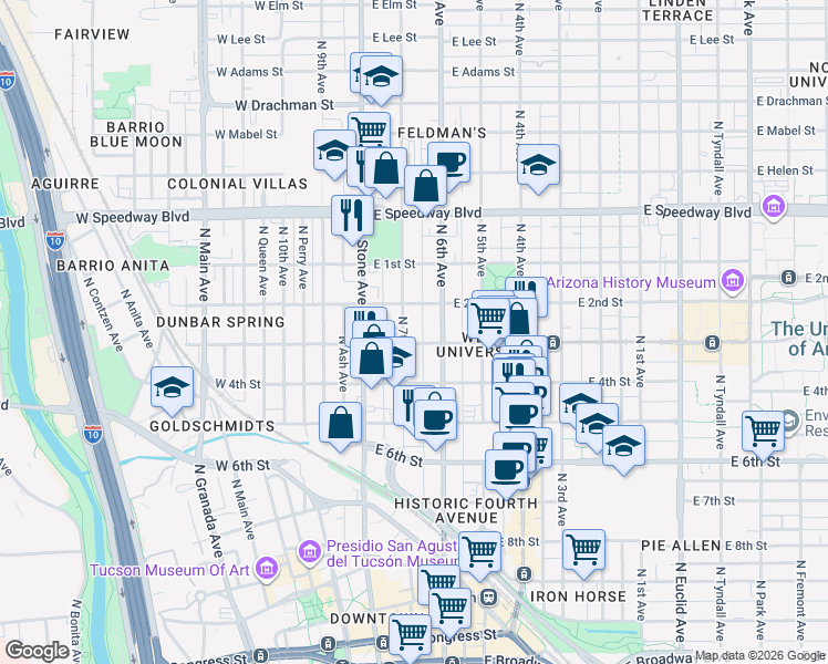 map of restaurants, bars, coffee shops, grocery stores, and more near 101 East University Boulevard in Tucson