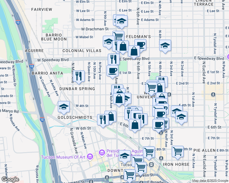 map of restaurants, bars, coffee shops, grocery stores, and more near 7 East University Boulevard in Tucson