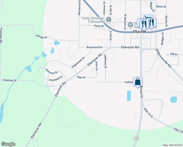 map of restaurants, bars, coffee shops, grocery stores, and more near 248 Pine Circle in Ellaville