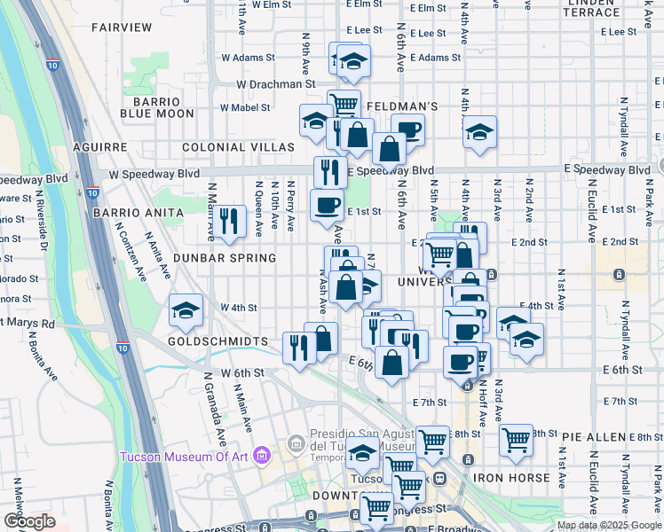 map of restaurants, bars, coffee shops, grocery stores, and more near 2 West University Boulevard in Tucson
