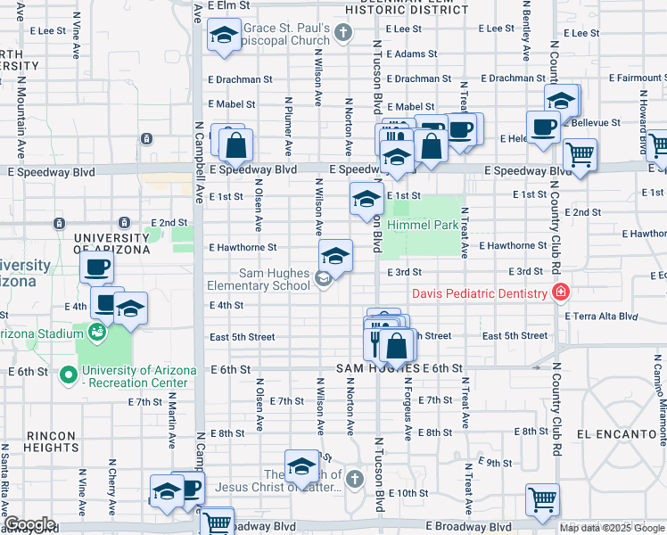 map of restaurants, bars, coffee shops, grocery stores, and more near 2321 East 3rd Street in Tucson