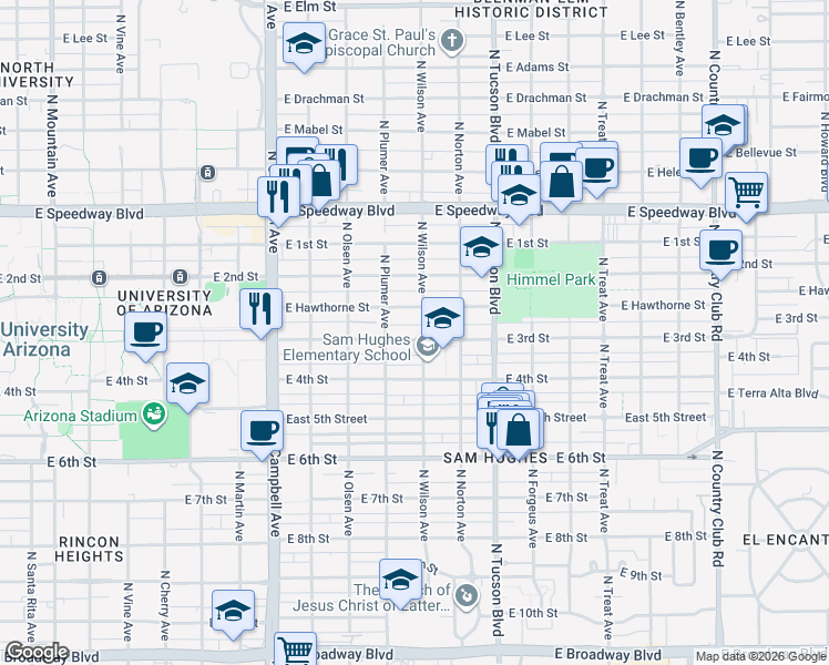 map of restaurants, bars, coffee shops, grocery stores, and more near 2239 East 3rd Street in Tucson