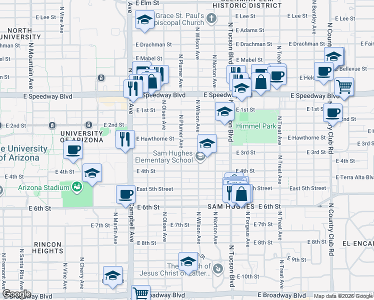map of restaurants, bars, coffee shops, grocery stores, and more near 2239 East 3rd Street in Tucson