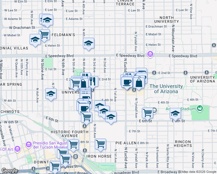 map of restaurants, bars, coffee shops, grocery stores, and more near 620 Harvill Drive in Tucson