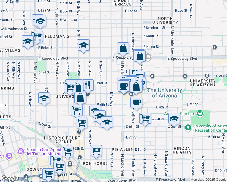 map of restaurants, bars, coffee shops, grocery stores, and more near 705 East University Boulevard in Tucson
