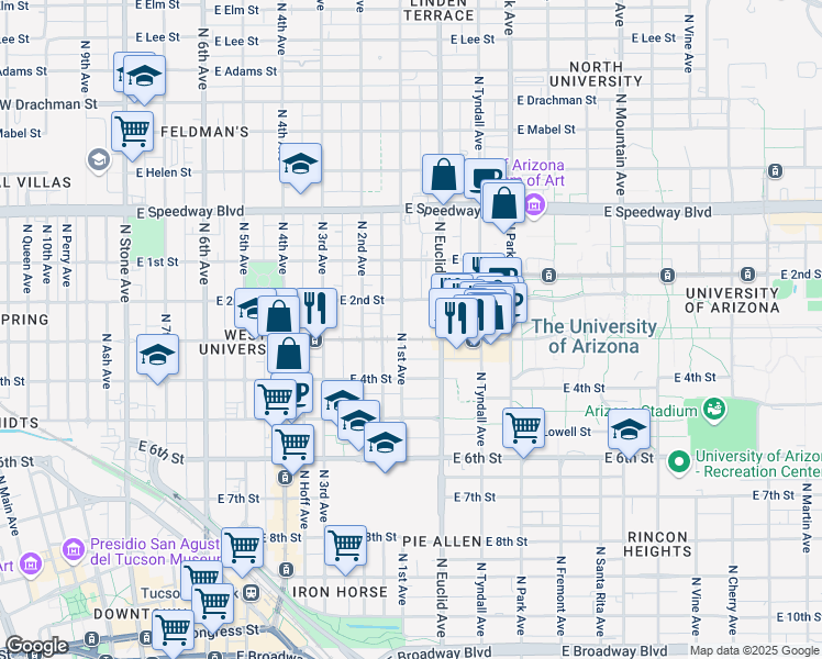 map of restaurants, bars, coffee shops, grocery stores, and more near 703 East University Boulevard in Tucson