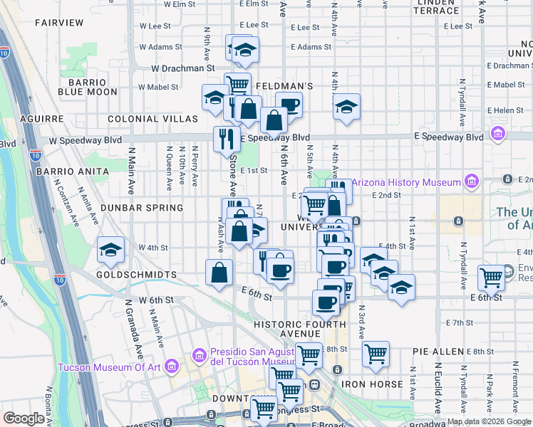 map of restaurants, bars, coffee shops, grocery stores, and more near 101 East University Boulevard in Tucson