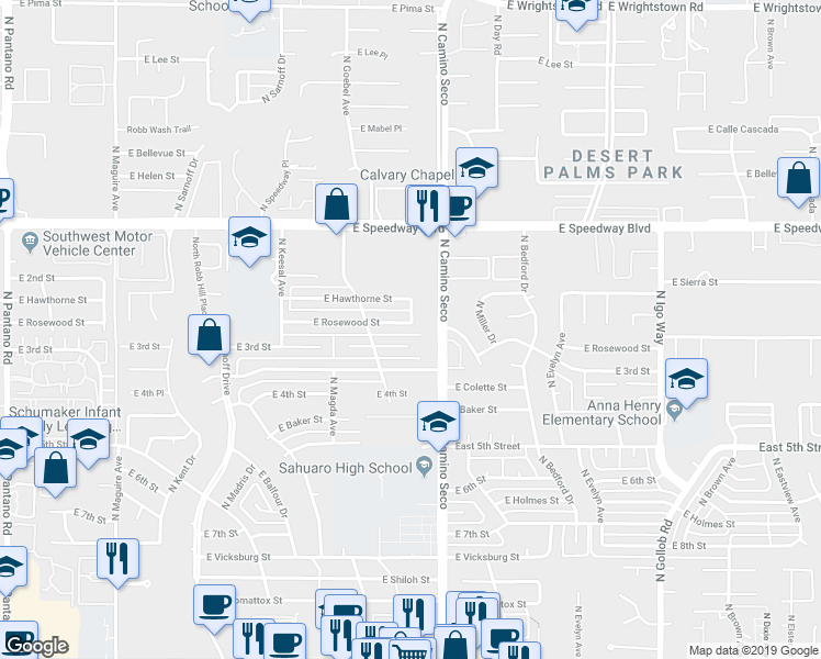 map of restaurants, bars, coffee shops, grocery stores, and more near 8630 East Rosewood Street in Tucson