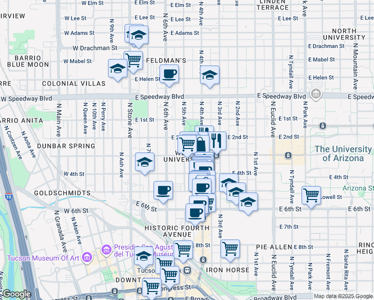 map of restaurants, bars, coffee shops, grocery stores, and more near 305 East University Boulevard in Tucson