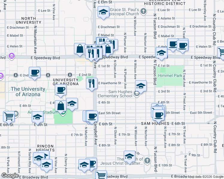 map of restaurants, bars, coffee shops, grocery stores, and more near 2033 East 3rd Street in Tucson