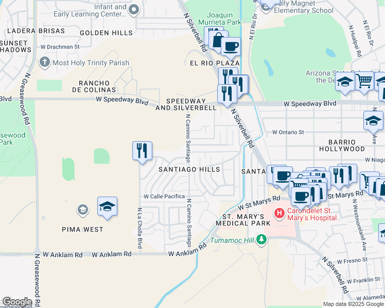map of restaurants, bars, coffee shops, grocery stores, and more near 750 North Camino Santiago in Tucson