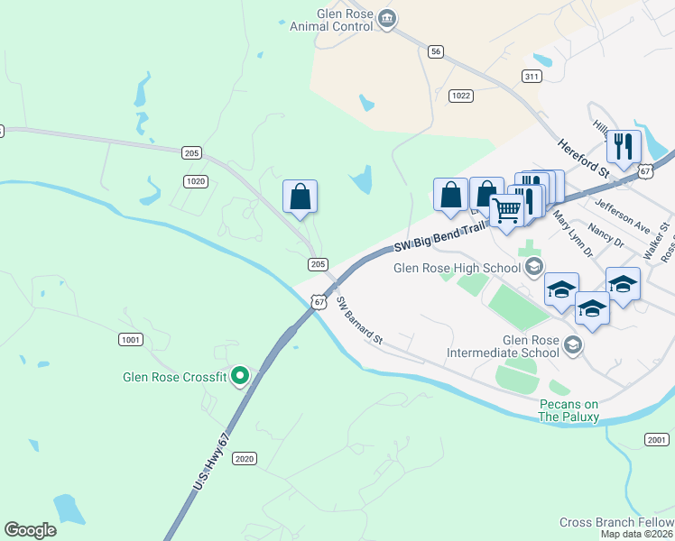 map of restaurants, bars, coffee shops, grocery stores, and more near 2110 Southwest Big Bend Trail in Glen Rose