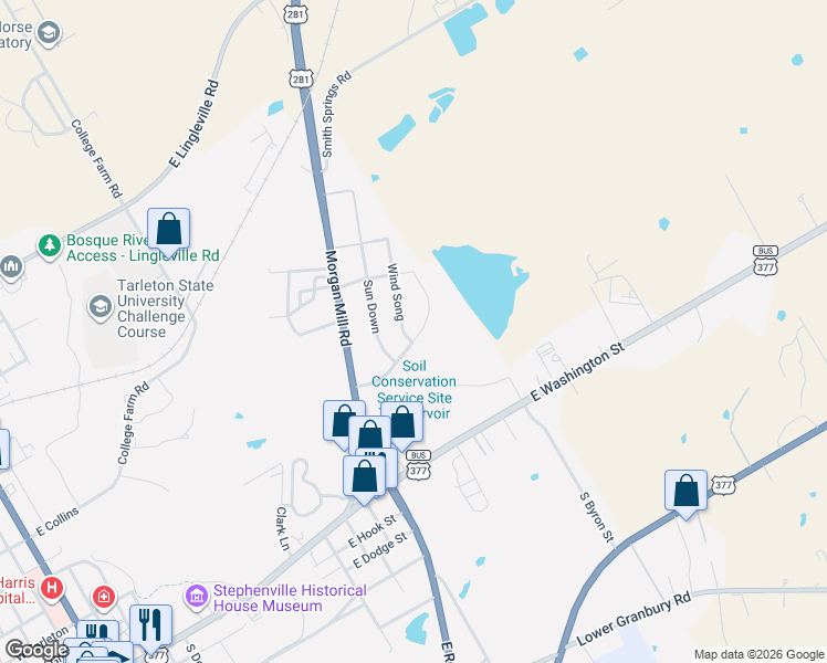 map of restaurants, bars, coffee shops, grocery stores, and more near 805 Wind Song in Stephenville