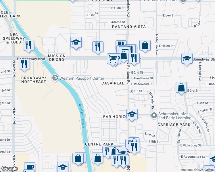 map of restaurants, bars, coffee shops, grocery stores, and more near 7740 East Rosewood Street in Tucson