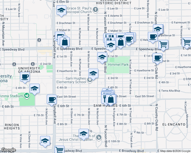 map of restaurants, bars, coffee shops, grocery stores, and more near 2341 East 3rd Street in Tucson