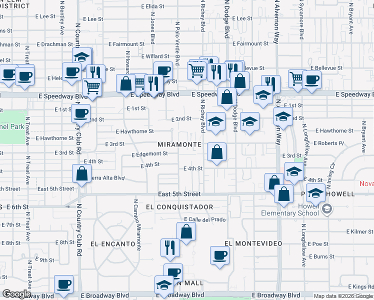 map of restaurants, bars, coffee shops, grocery stores, and more near 3520 East 3rd Street in Tucson