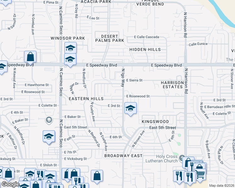 map of restaurants, bars, coffee shops, grocery stores, and more near 9032 East 2nd Place in Tucson